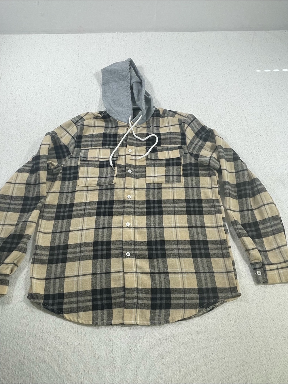 ROMWE Men's Plaid Hooded Drawstring Button Flannel Hoodie Beige/Blk/Gray S.#0705